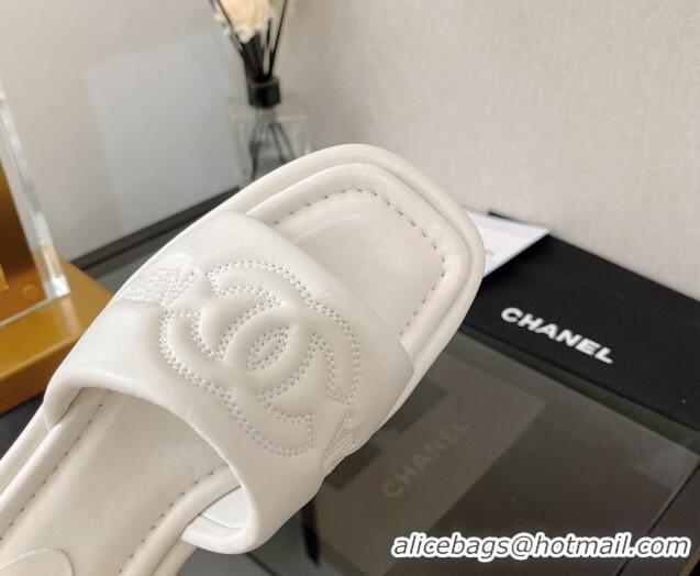 Lowest Cost Chanel Lambskin CC Lock Flat Slide Sandals White 062081