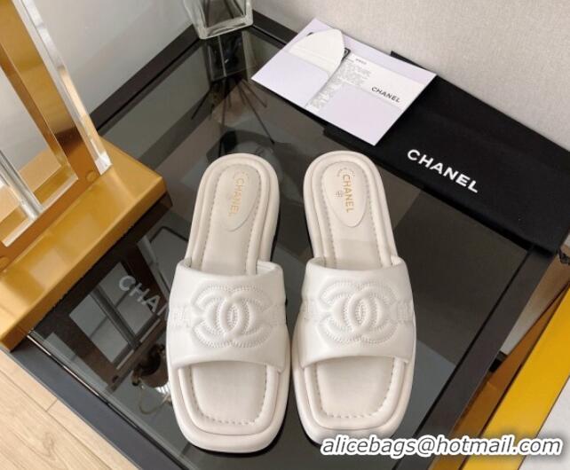 Lowest Cost Chanel Lambskin CC Lock Flat Slide Sandals White 062081