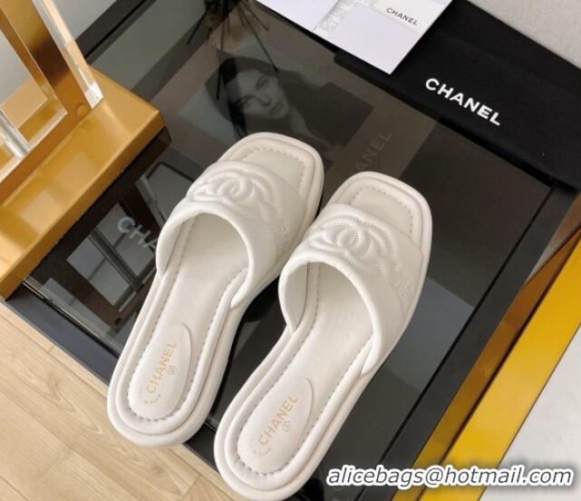 Lowest Cost Chanel Lambskin CC Lock Flat Slide Sandals White 062081