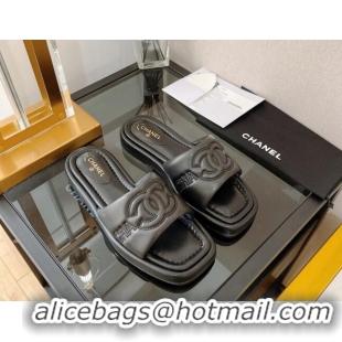 Good Quality Chanel Lambskin CC Lock Flat Slide Sandals Black 062082