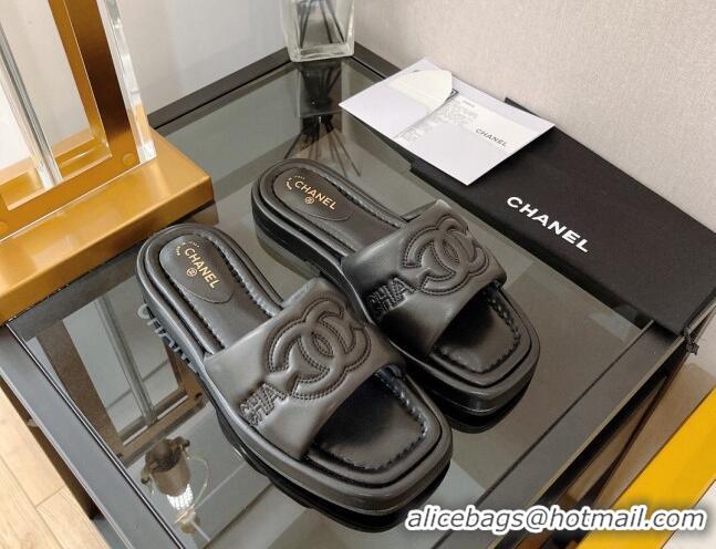 Good Quality Chanel Lambskin CC Lock Flat Slide Sandals Black 062082