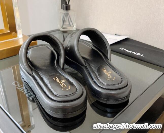 Good Quality Chanel Lambskin CC Lock Flat Slide Sandals Black 062082