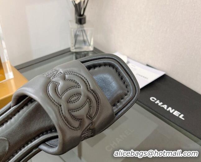 Good Quality Chanel Lambskin CC Lock Flat Slide Sandals Black 062082