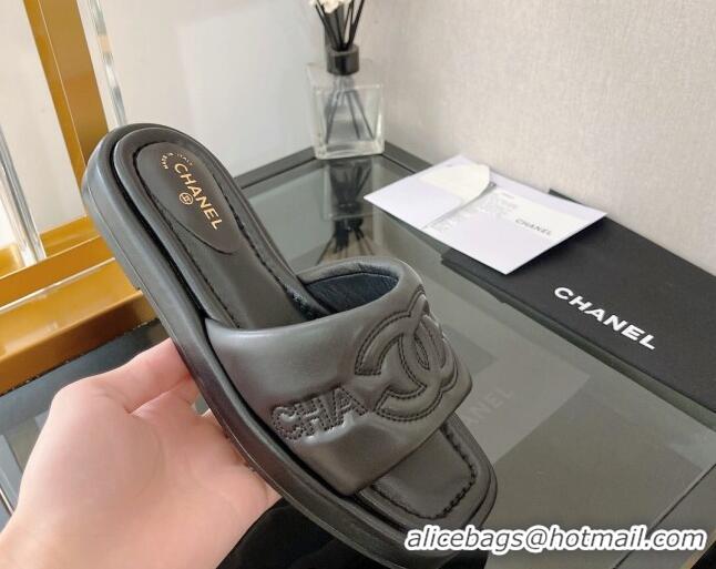 Good Quality Chanel Lambskin CC Lock Flat Slide Sandals Black 062082