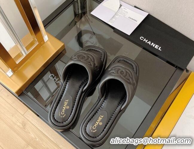 Good Quality Chanel Lambskin CC Lock Flat Slide Sandals Black 062082