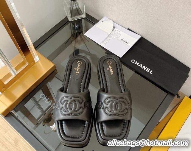 Good Quality Chanel Lambskin CC Lock Flat Slide Sandals Black 062082