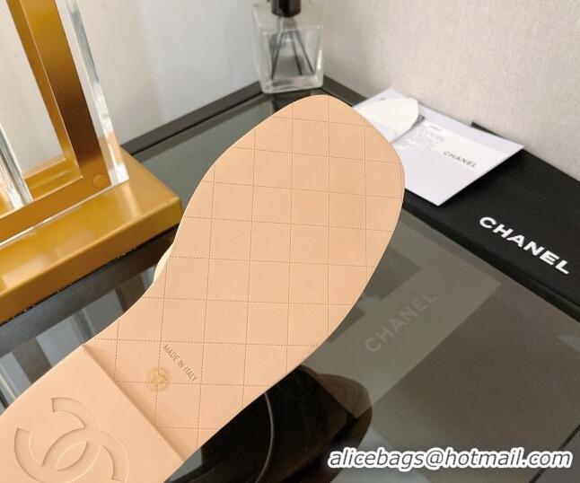 Grade Chanel Lambskin CC Lock Flat Slide Sandals Beige 062083