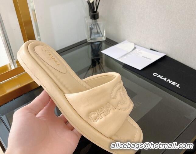 Grade Chanel Lambskin CC Lock Flat Slide Sandals Beige 062083