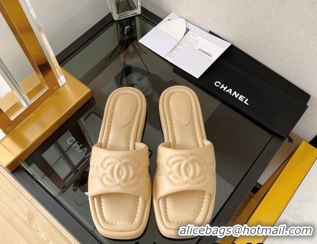 Grade Chanel Lambskin CC Lock Flat Slide Sandals Beige 062083