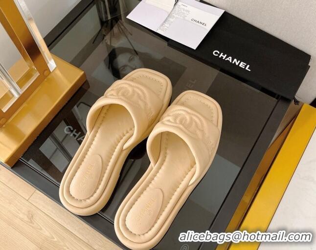 Grade Chanel Lambskin CC Lock Flat Slide Sandals Beige 062083