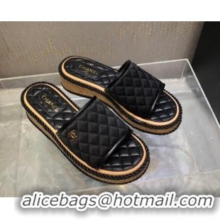 Stylish Chanel Quilted Silk Platform Slide Sandals Black 062084