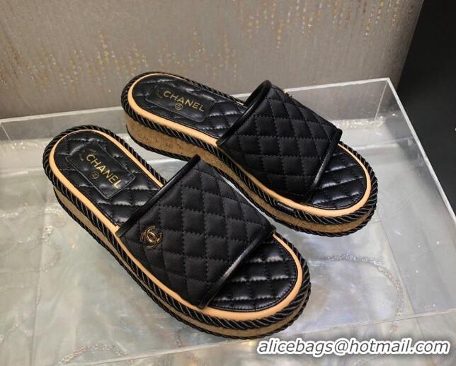 Stylish Chanel Quilted Silk Platform Slide Sandals Black 062084