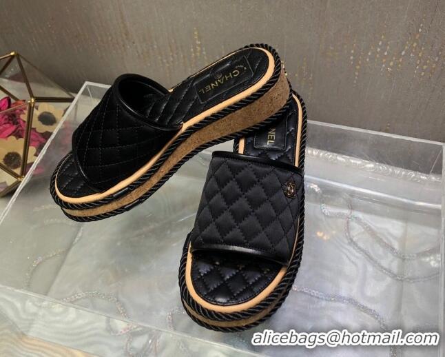 Stylish Chanel Quilted Silk Platform Slide Sandals Black 062084