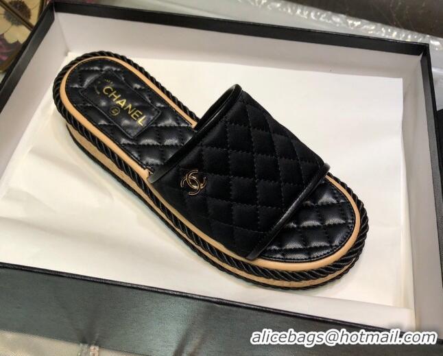 Stylish Chanel Quilted Silk Platform Slide Sandals Black 062084