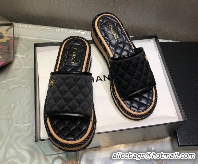 Stylish Chanel Quilted Silk Platform Slide Sandals Black 062084