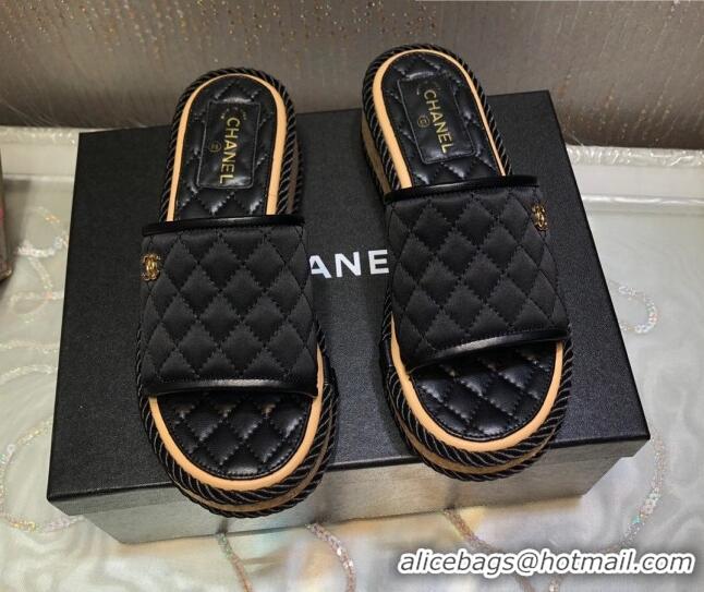 Stylish Chanel Quilted Silk Platform Slide Sandals Black 062084