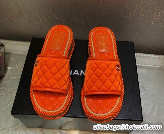 Grade Quality Chanel Quilted Silk Platform Slide Sandals Orange 062085