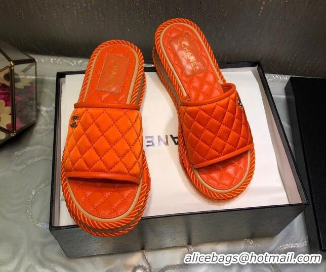 Grade Quality Chanel Quilted Silk Platform Slide Sandals Orange 062085