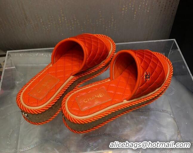 Grade Quality Chanel Quilted Silk Platform Slide Sandals Orange 062085