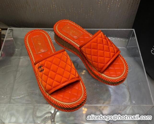 Grade Quality Chanel Quilted Silk Platform Slide Sandals Orange 062085