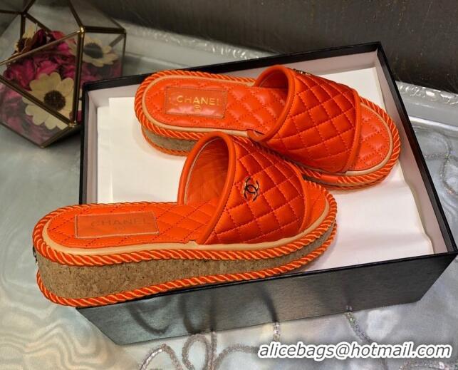 Grade Quality Chanel Quilted Silk Platform Slide Sandals Orange 062085