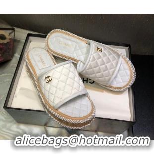 Pretty Style Chanel Quilted Silk Platform Slide Sandals White 062086