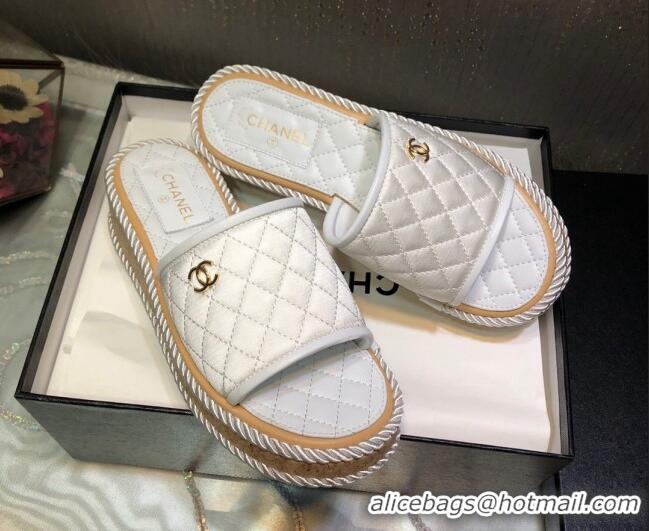 Pretty Style Chanel Quilted Silk Platform Slide Sandals White 062086