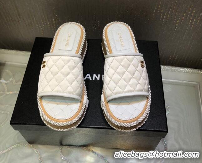 Pretty Style Chanel Quilted Silk Platform Slide Sandals White 062086