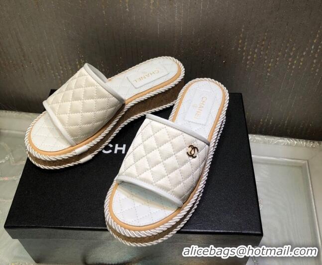 Pretty Style Chanel Quilted Silk Platform Slide Sandals White 062086