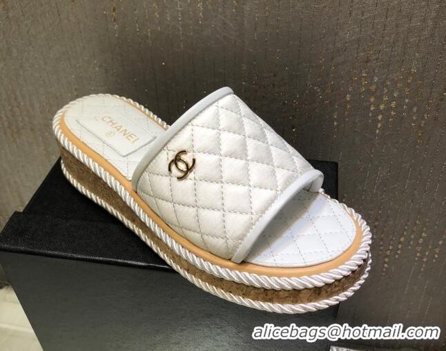 Pretty Style Chanel Quilted Silk Platform Slide Sandals White 062086