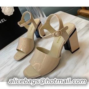 Hot Style Chanel Patent Calfskin Heel Sandals 7.5cm G38689 Beige