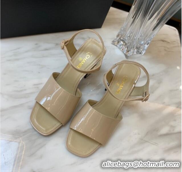 Hot Style Chanel Patent Calfskin Heel Sandals 7.5cm G38689 Beige