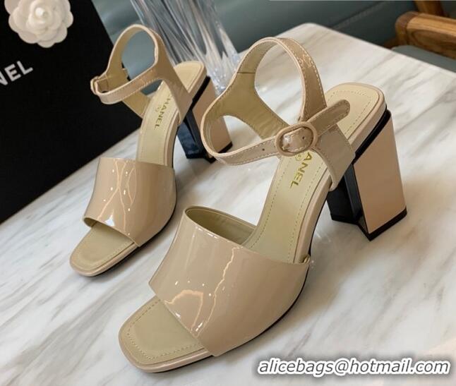 Hot Style Chanel Patent Calfskin Heel Sandals 7.5cm G38689 Beige