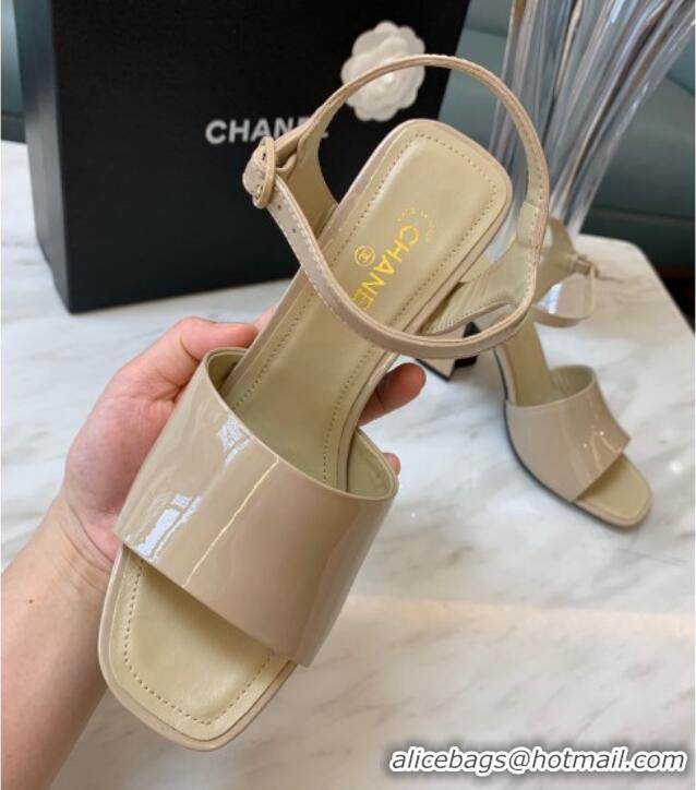 Hot Style Chanel Patent Calfskin Heel Sandals 7.5cm G38689 Beige