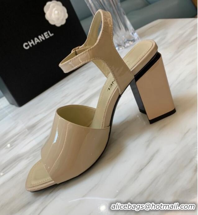 Hot Style Chanel Patent Calfskin Heel Sandals 7.5cm G38689 Beige