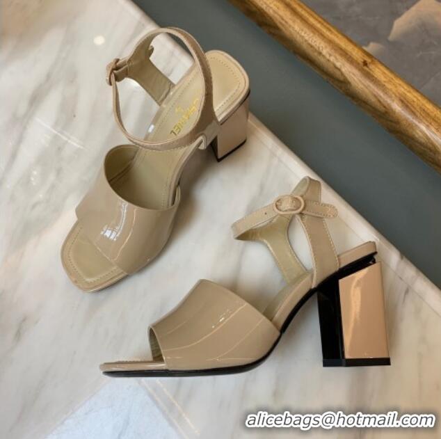 Hot Style Chanel Patent Calfskin Heel Sandals 7.5cm G38689 Beige