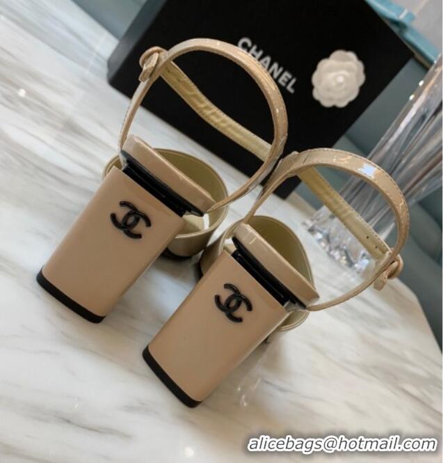 Hot Style Chanel Patent Calfskin Heel Sandals 7.5cm G38689 Beige