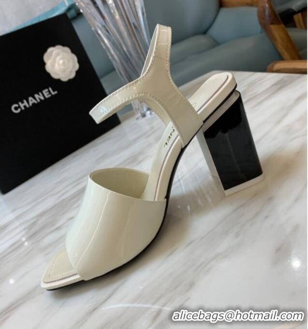 Grade Quality Chanel Patent Calfskin Heel Sandals 7.5cm G38689 White