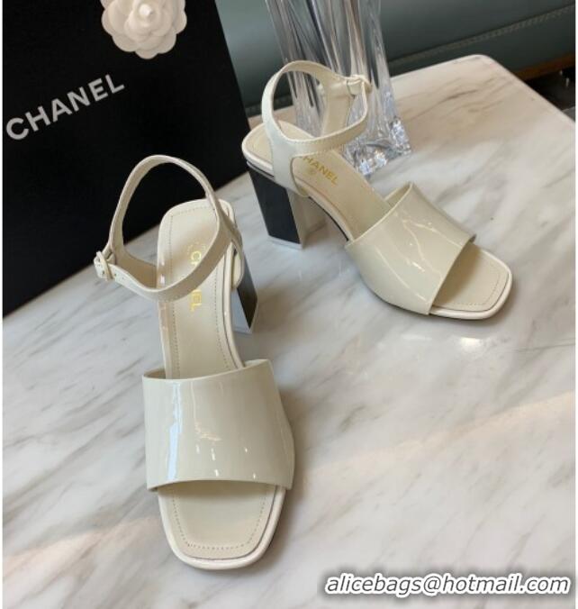 Grade Quality Chanel Patent Calfskin Heel Sandals 7.5cm G38689 White