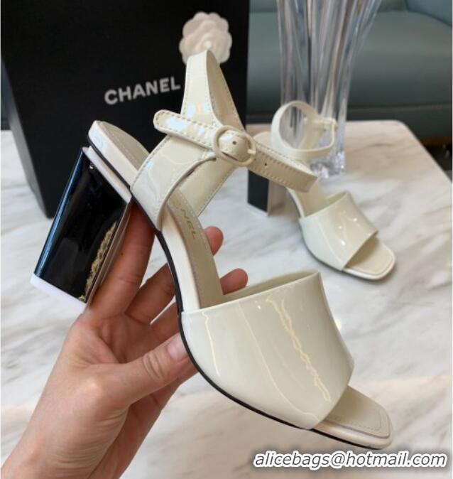 Grade Quality Chanel Patent Calfskin Heel Sandals 7.5cm G38689 White