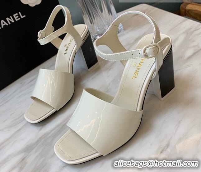 Grade Quality Chanel Patent Calfskin Heel Sandals 7.5cm G38689 White