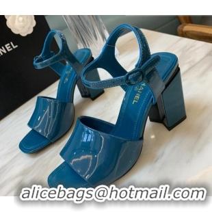 Luxury Chanel Patent Calfskin Heel Sandals 7.5cm G38689 Peacock Blue