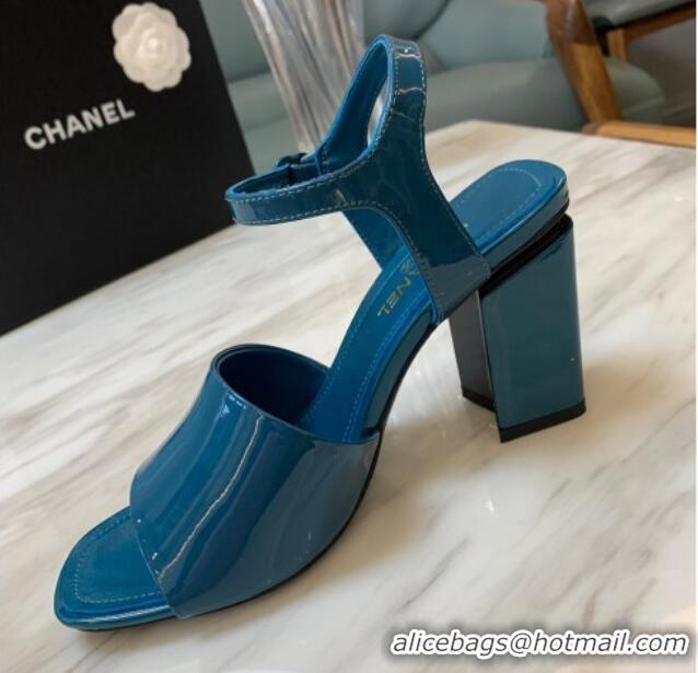 Luxury Chanel Patent Calfskin Heel Sandals 7.5cm G38689 Peacock Blue