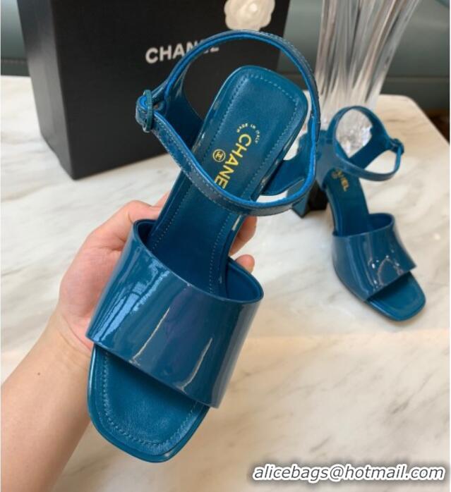 Luxury Chanel Patent Calfskin Heel Sandals 7.5cm G38689 Peacock Blue