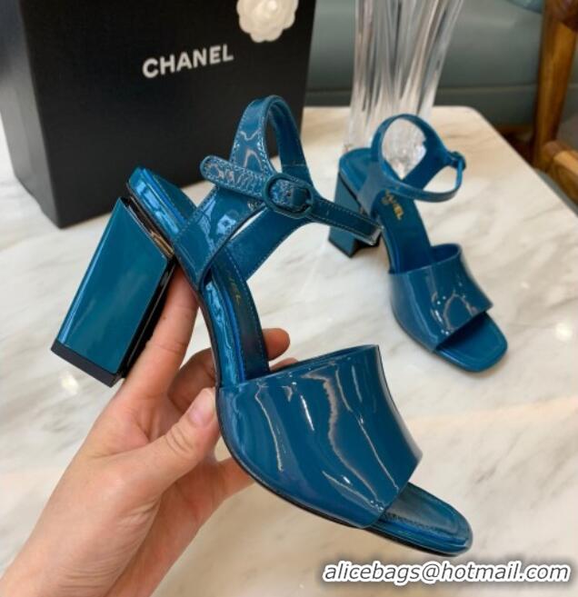 Luxury Chanel Patent Calfskin Heel Sandals 7.5cm G38689 Peacock Blue