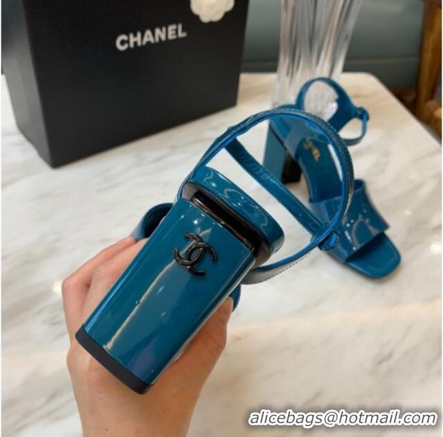 Luxury Chanel Patent Calfskin Heel Sandals 7.5cm G38689 Peacock Blue