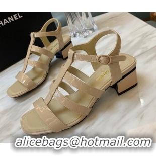 Best Price Chanel Patent Calfskin StrapSandals 4.5cm G38689 Beige