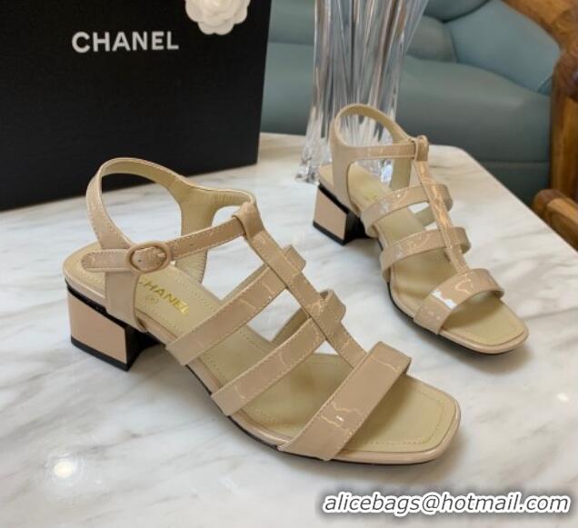 Best Price Chanel Patent Calfskin StrapSandals 4.5cm G38689 Beige