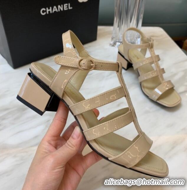 Best Price Chanel Patent Calfskin StrapSandals 4.5cm G38689 Beige