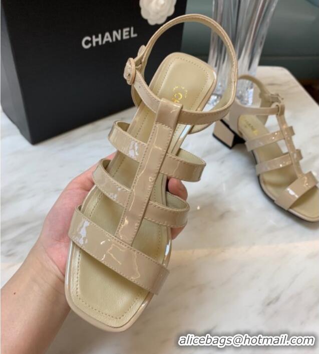 Best Price Chanel Patent Calfskin StrapSandals 4.5cm G38689 Beige